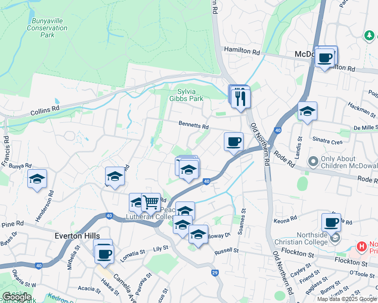 map of restaurants, bars, coffee shops, grocery stores, and more near 28 Alrex Street in Everton Hills