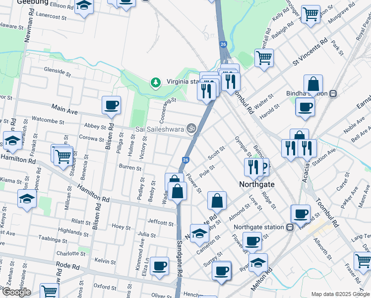map of restaurants, bars, coffee shops, grocery stores, and more near 1592 Sandgate Road in Virginia
