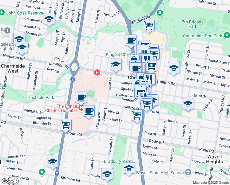 map of restaurants, bars, coffee shops, grocery stores, and more near 53 Kidston Terrace in Chermside