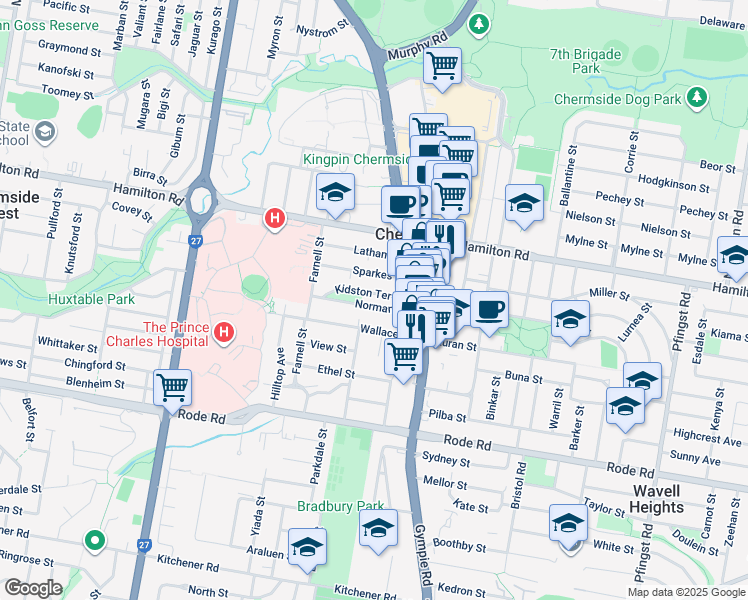 map of restaurants, bars, coffee shops, grocery stores, and more near 22 Kidston Terrace in Chermside