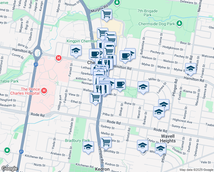 map of restaurants, bars, coffee shops, grocery stores, and more near 17 Hall Street in Chermside