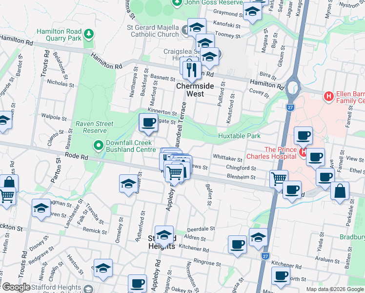 map of restaurants, bars, coffee shops, grocery stores, and more near 27 Maundrell Terrace in Chermside West