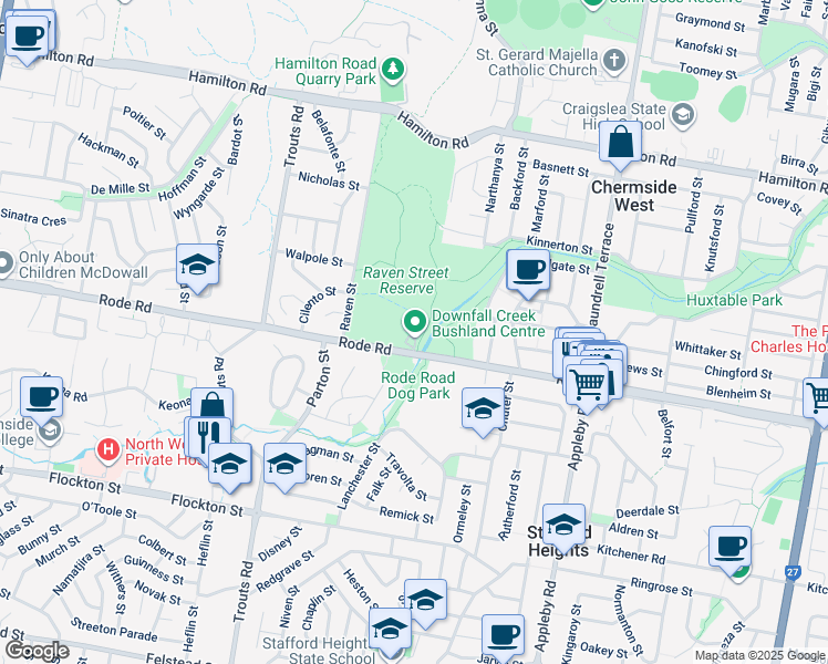 map of restaurants, bars, coffee shops, grocery stores, and more near 815 Rode Road in Chermside West