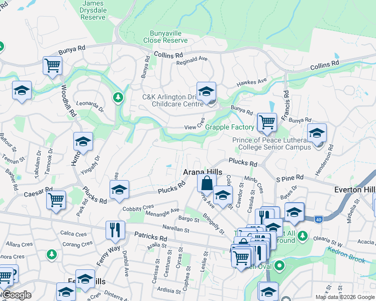 map of restaurants, bars, coffee shops, grocery stores, and more near 15 Leatherwood Drive in Arana Hills
