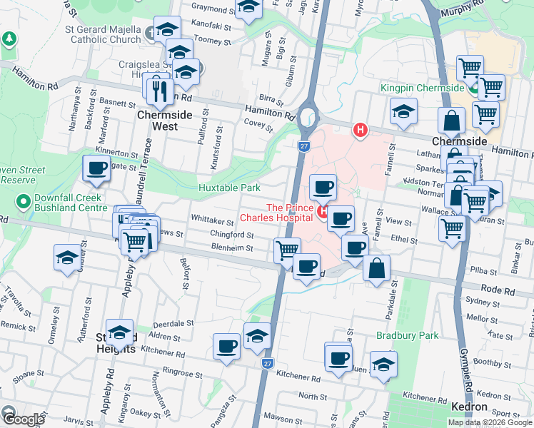 map of restaurants, bars, coffee shops, grocery stores, and more near 8 Girraman Street in Chermside West
