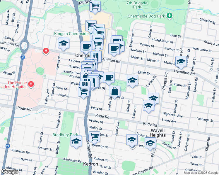 map of restaurants, bars, coffee shops, grocery stores, and more near 60 Kuran Street in Chermside