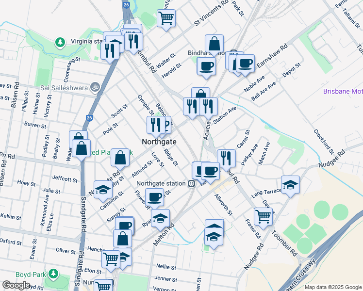 map of restaurants, bars, coffee shops, grocery stores, and more near 154 Gympie Street in Northgate