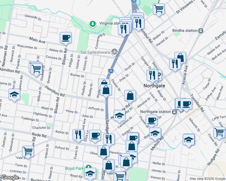 map of restaurants, bars, coffee shops, grocery stores, and more near 144 Cavendish Street in Nundah