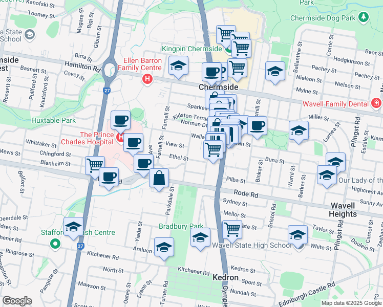 map of restaurants, bars, coffee shops, grocery stores, and more near 45 Davenport Street in Chermside