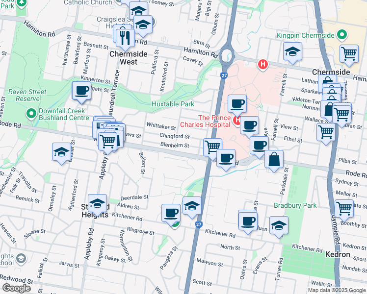 map of restaurants, bars, coffee shops, grocery stores, and more near 22 Blenheim Street in Chermside West
