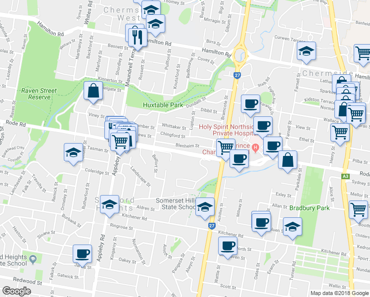 map of restaurants, bars, coffee shops, grocery stores, and more near 34 Blenheim Street in Chermside West