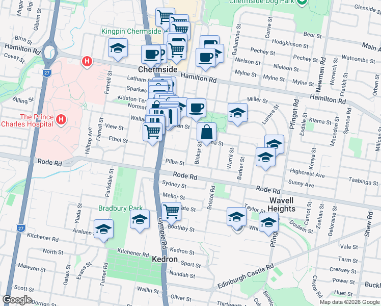 map of restaurants, bars, coffee shops, grocery stores, and more near 11 Buruda Street in Chermside