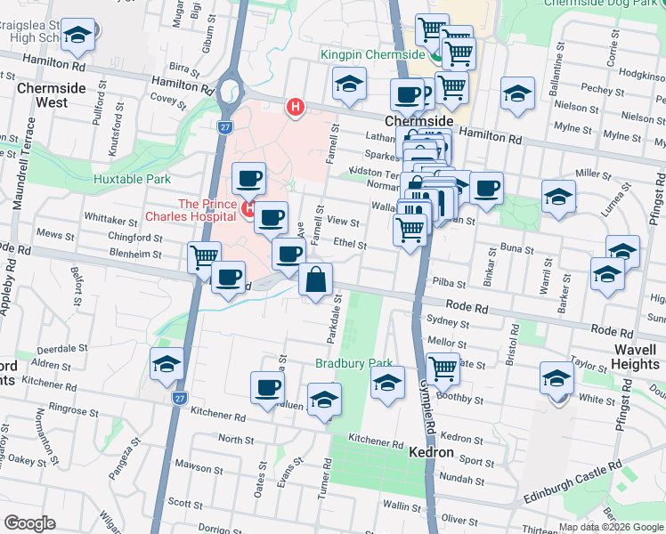 map of restaurants, bars, coffee shops, grocery stores, and more near 30 Sammells Drive in Chermside