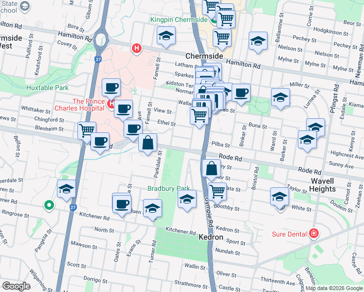 map of restaurants, bars, coffee shops, grocery stores, and more near 465 Rode Road in Chermside