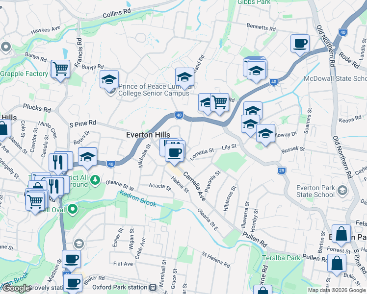 map of restaurants, bars, coffee shops, grocery stores, and more near 42 Grevillea Street in Everton Hills