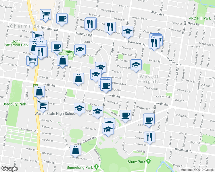 map of restaurants, bars, coffee shops, grocery stores, and more near 57 Sunny Avenue in Wavell Heights