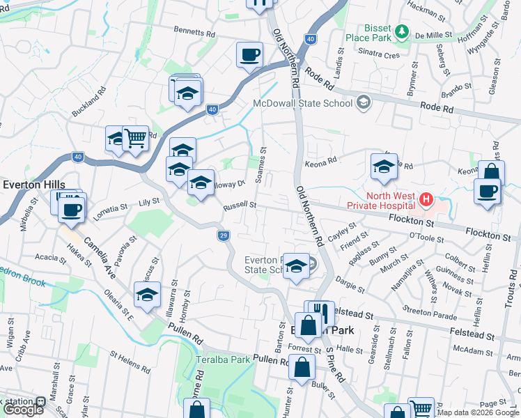 map of restaurants, bars, coffee shops, grocery stores, and more near 36 Russell Street in Everton Park