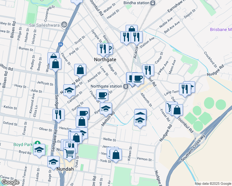 map of restaurants, bars, coffee shops, grocery stores, and more near 33 Ryans Road in Northgate