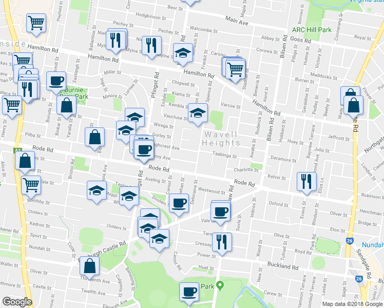 map of restaurants, bars, coffee shops, grocery stores, and more near 6 Highcrest Avenue in Wavell Heights