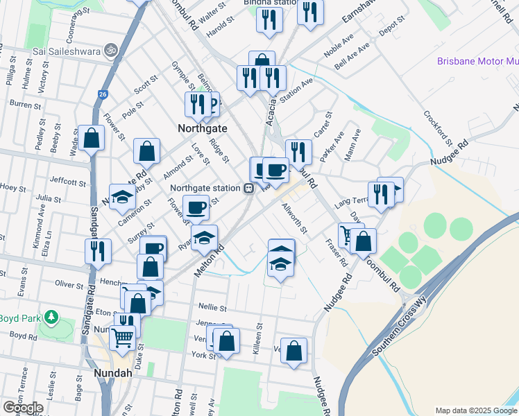 map of restaurants, bars, coffee shops, grocery stores, and more near 306 Melton Road in Northgate