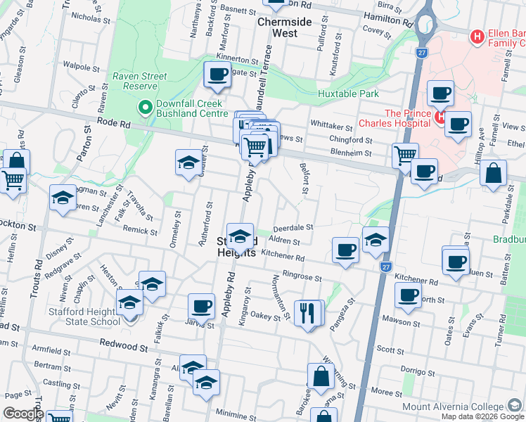 map of restaurants, bars, coffee shops, grocery stores, and more near 21 Maryland Street in Stafford Heights