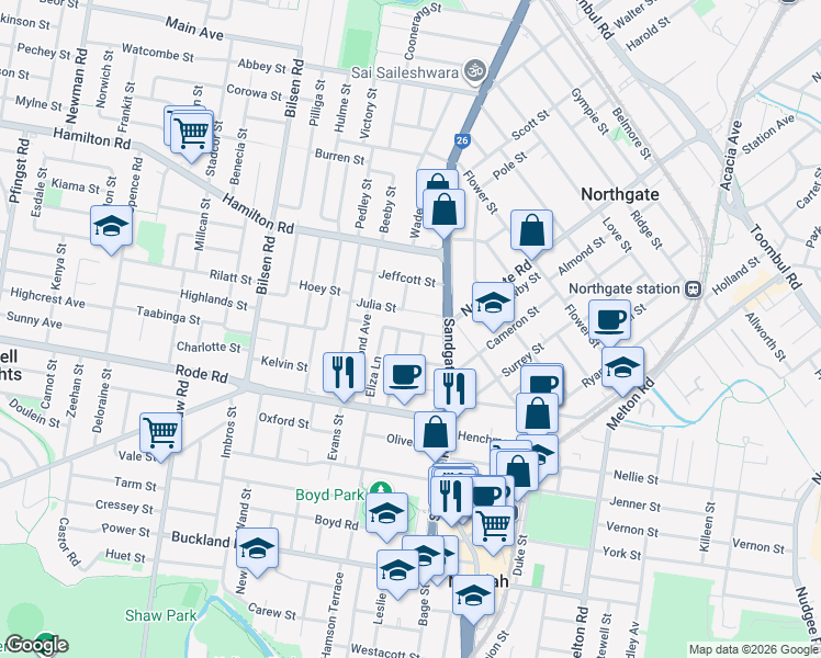 map of restaurants, bars, coffee shops, grocery stores, and more near 19 Eliza Lane in Wavell Heights