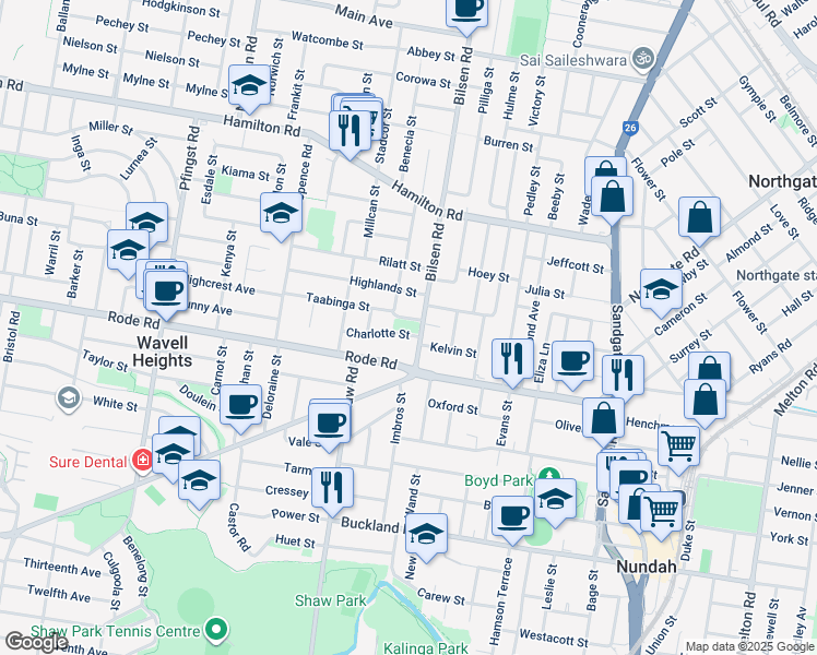 map of restaurants, bars, coffee shops, grocery stores, and more near 1 Charlotte Street in Wavell Heights