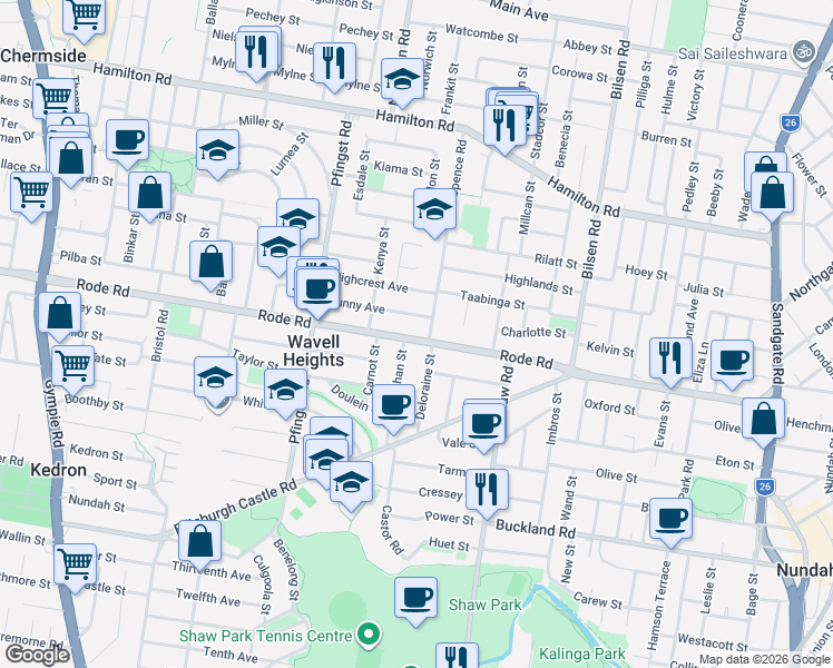 map of restaurants, bars, coffee shops, grocery stores, and more near 223 Rode Road in Wavell Heights