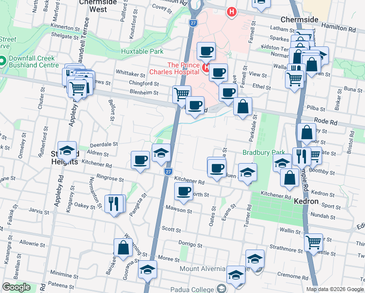 map of restaurants, bars, coffee shops, grocery stores, and more near 3 Chesilton Street in Kedron