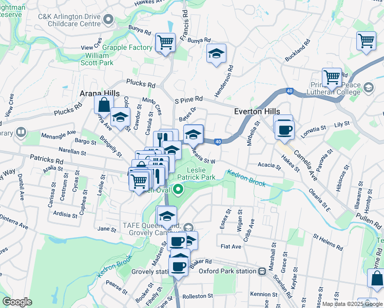 map of restaurants, bars, coffee shops, grocery stores, and more near 135 Olearia Street West in Arana Hills