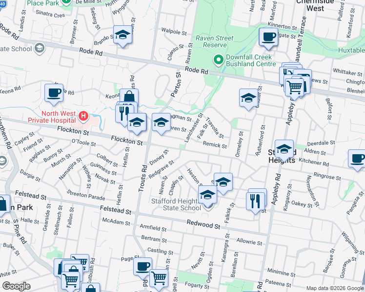 map of restaurants, bars, coffee shops, grocery stores, and more near 67 Flockton Street in Stafford Heights