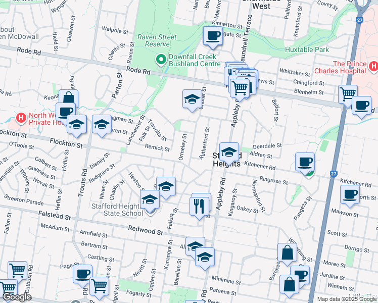 map of restaurants, bars, coffee shops, grocery stores, and more near 12 Chuter Street in Stafford Heights