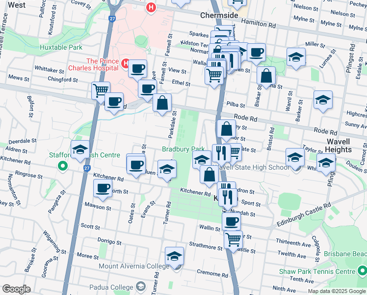 map of restaurants, bars, coffee shops, grocery stores, and more near 468 Rode Road in Chermside