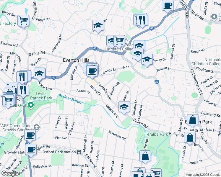 map of restaurants, bars, coffee shops, grocery stores, and more near 11 Pavonia Street in Everton Hills