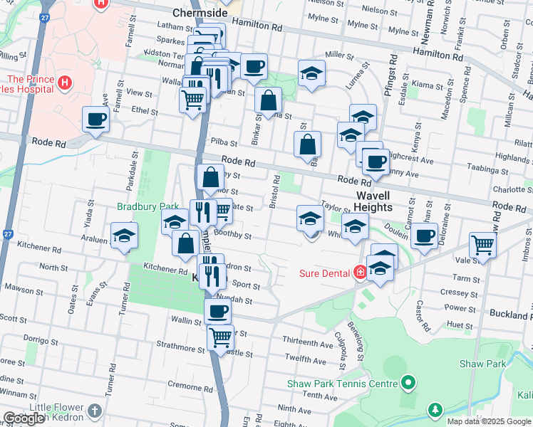 map of restaurants, bars, coffee shops, grocery stores, and more near 47 Bristol Road in Kedron