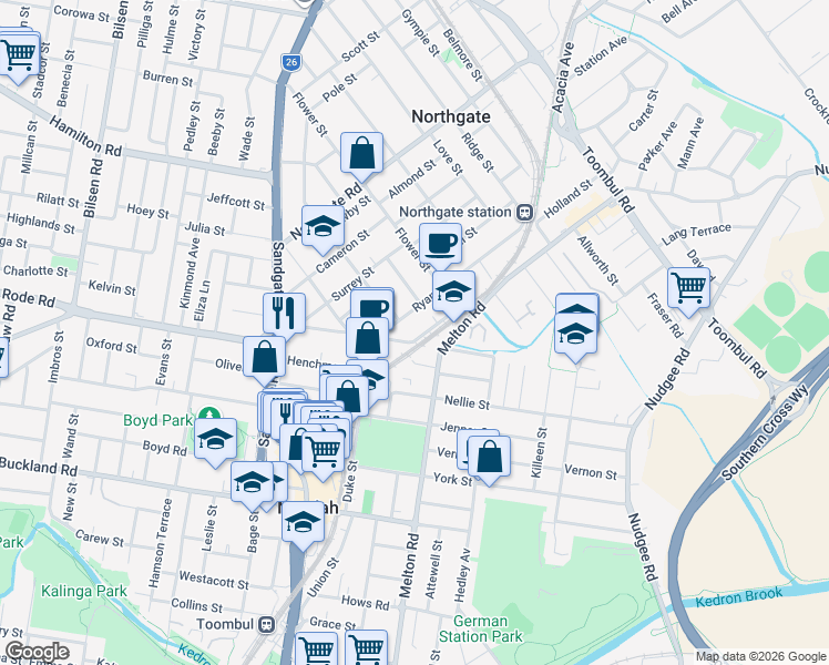 map of restaurants, bars, coffee shops, grocery stores, and more near 27 Railway Parade in Nundah