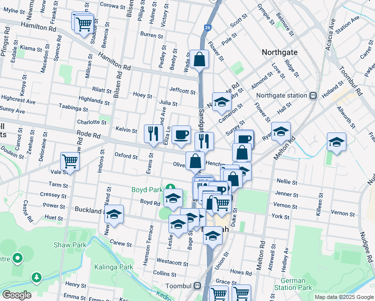 map of restaurants, bars, coffee shops, grocery stores, and more near 23 Rode Road in Wavell Heights