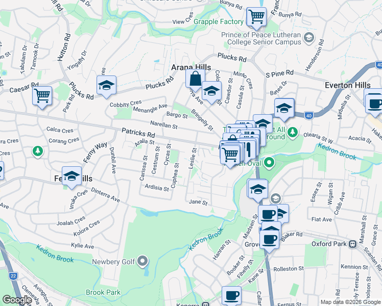 map of restaurants, bars, coffee shops, grocery stores, and more near 14 Leslie Street in Arana Hills
