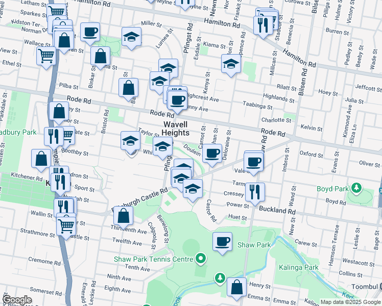 map of restaurants, bars, coffee shops, grocery stores, and more near 32 Doulein Street in Wavell Heights
