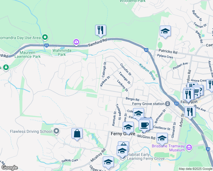 map of restaurants, bars, coffee shops, grocery stores, and more near 30 Mullacor Street in Ferny Grove