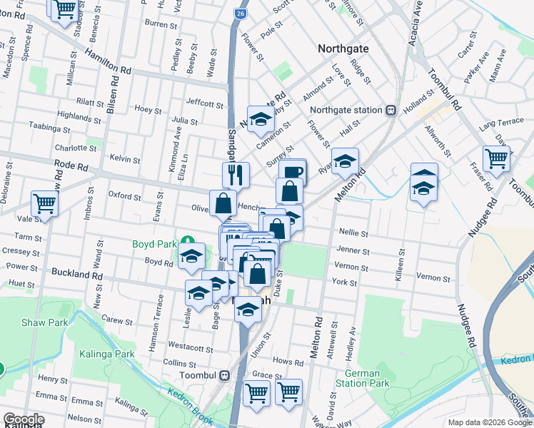 map of restaurants, bars, coffee shops, grocery stores, and more near 37 Henchman Street in Nundah