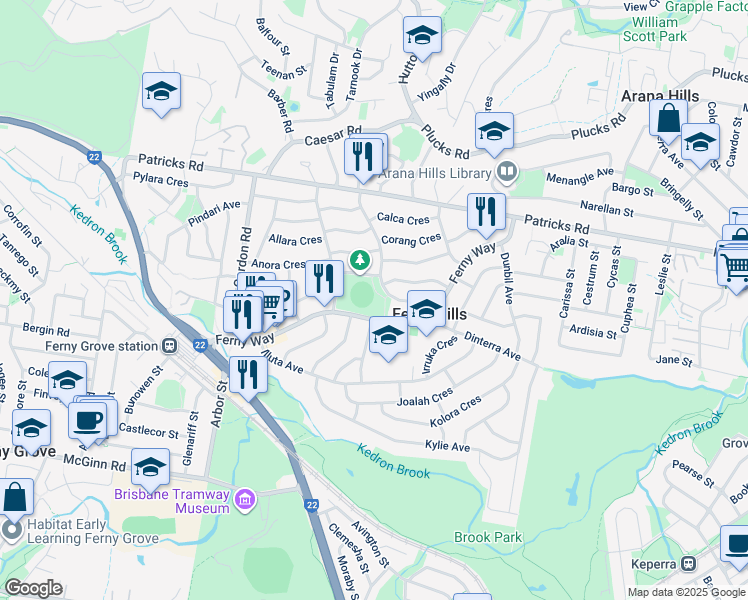 map of restaurants, bars, coffee shops, grocery stores, and more near 52 Ferny Way in Ferny Hills