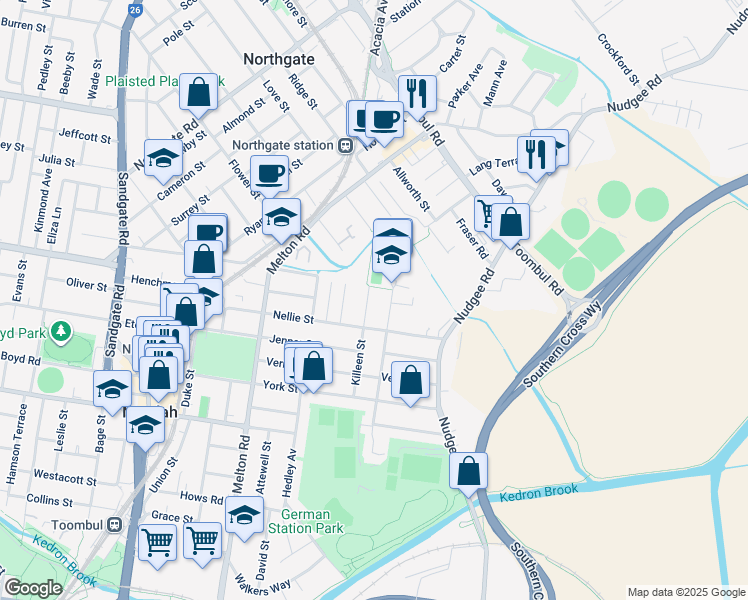 map of restaurants, bars, coffee shops, grocery stores, and more near 75 Killeen Street in Nundah