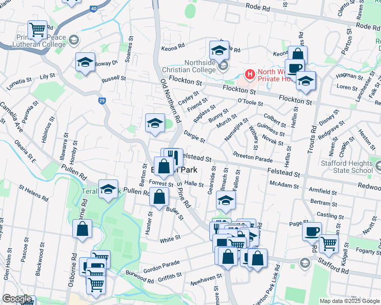 map of restaurants, bars, coffee shops, grocery stores, and more near 30 Felstead Street in Everton Park
