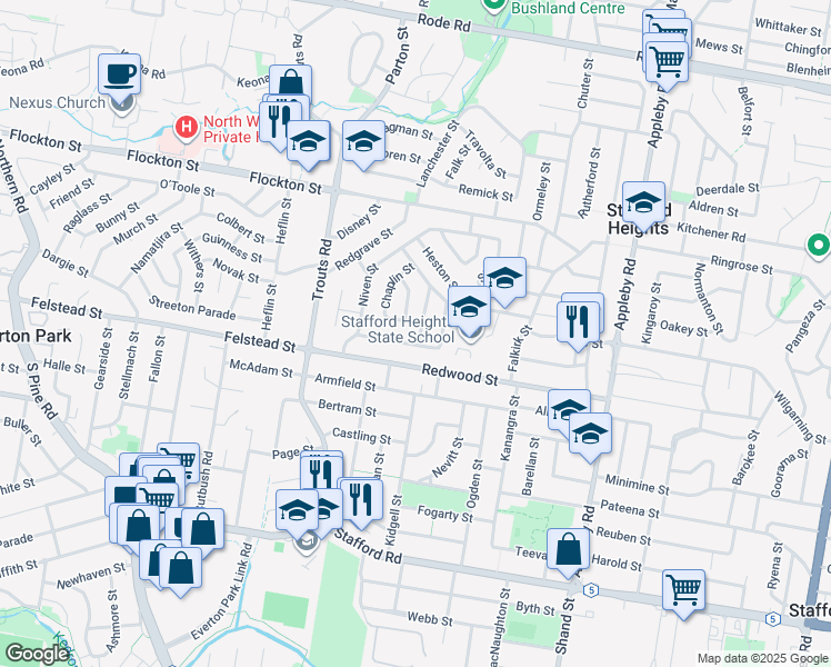 map of restaurants, bars, coffee shops, grocery stores, and more near 4 Hepburn Street in Stafford Heights