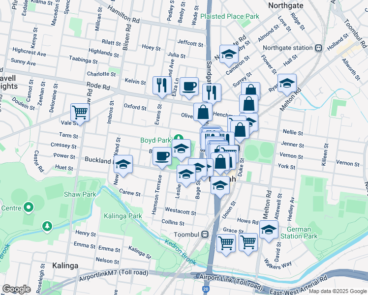 map of restaurants, bars, coffee shops, grocery stores, and more near 11 Boyd Road in Nundah