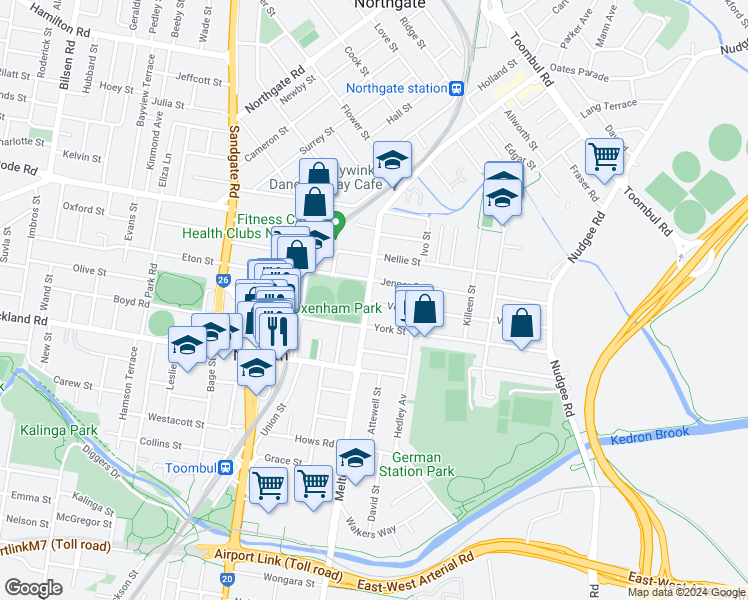 map of restaurants, bars, coffee shops, grocery stores, and more near 6 Vernon Street in Nundah