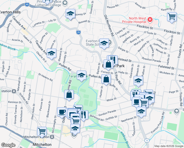 map of restaurants, bars, coffee shops, grocery stores, and more near 69 Pullen Road in Everton Park