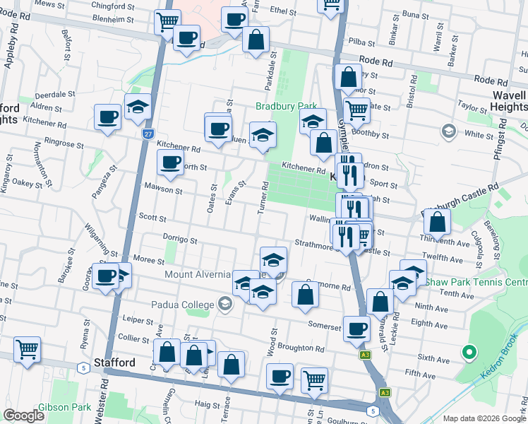 map of restaurants, bars, coffee shops, grocery stores, and more near 193 Turner Road in Kedron