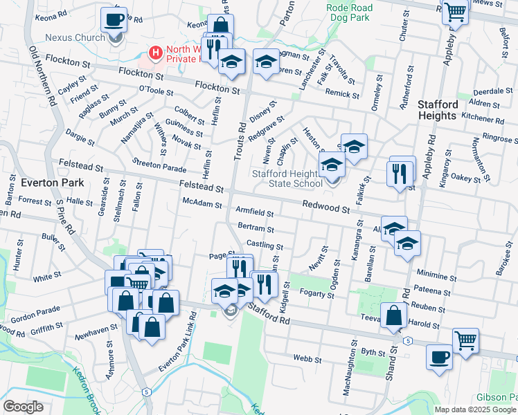 map of restaurants, bars, coffee shops, grocery stores, and more near 101 Armfield Street in Stafford